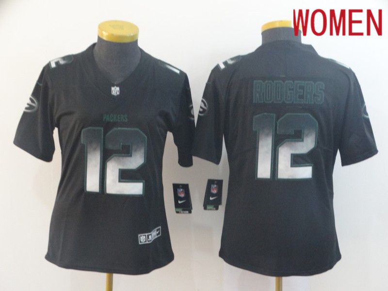 Women Green Bay Packers #12 Rodgers Nike Teams Black Smoke Fashion Limited NFL Jerseys->women nfl jersey->Women Jersey